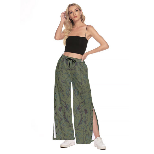 Green and Black Flowers Side Slit Snap Button Trousers. Miami Collection