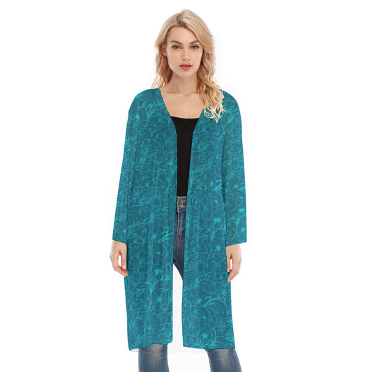 Blue and celeste flowers Long Sleeve Mesh Cardigan. Miami Collection