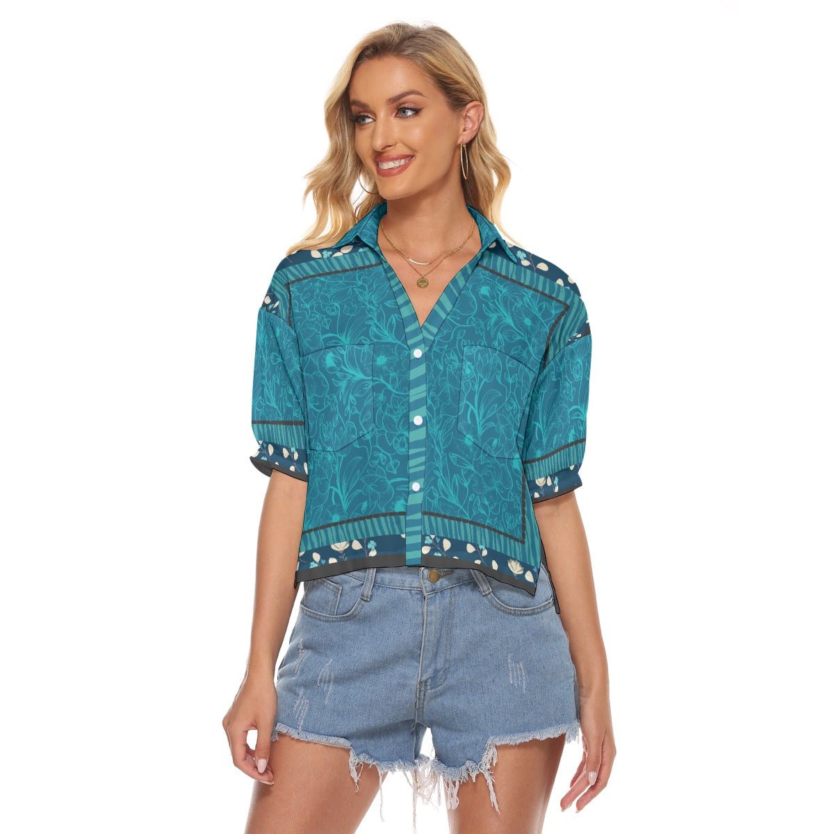 Blue flowers Stacked V-neck Short Sleeve Blouse. Miami Collection