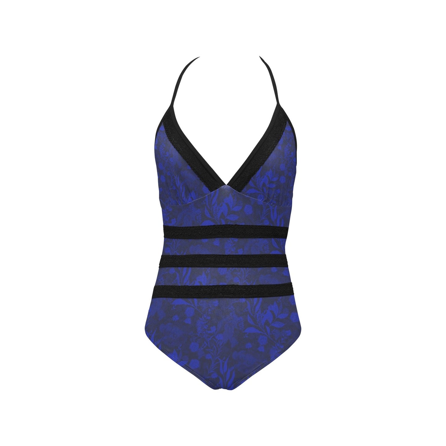 Caracas Collection Blue & Black Lace Band Swimsuit. Design hand-painted by the Designer Maria Alejandra Echenique