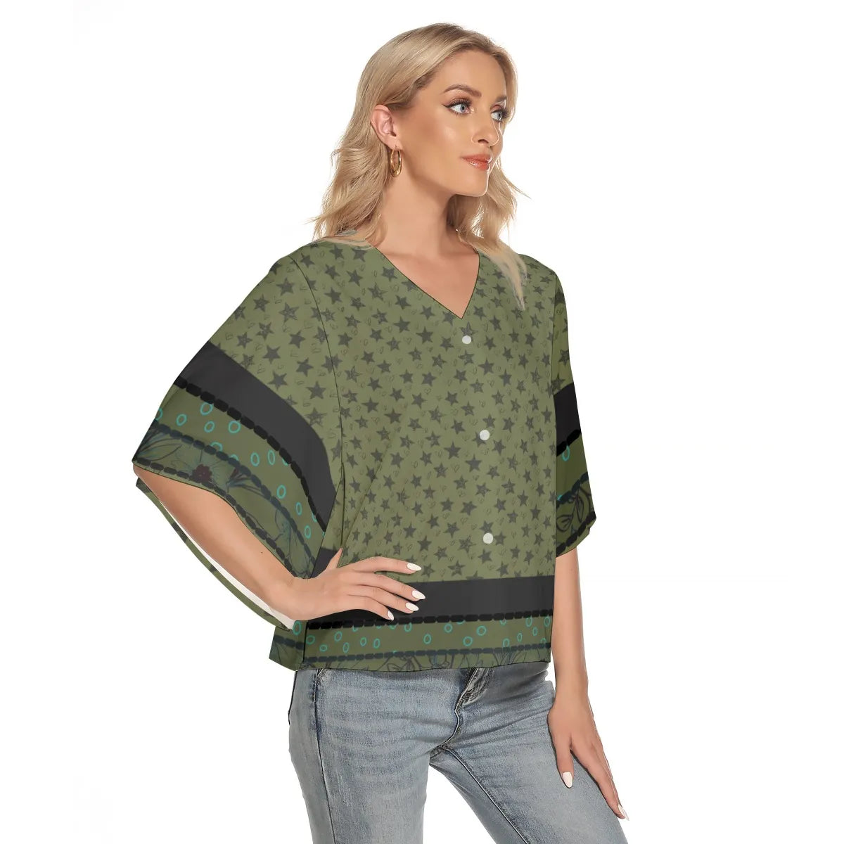 Green and Black Stars Bat Sleeve Light V-neck Front Buttoned Top. Miami Collection