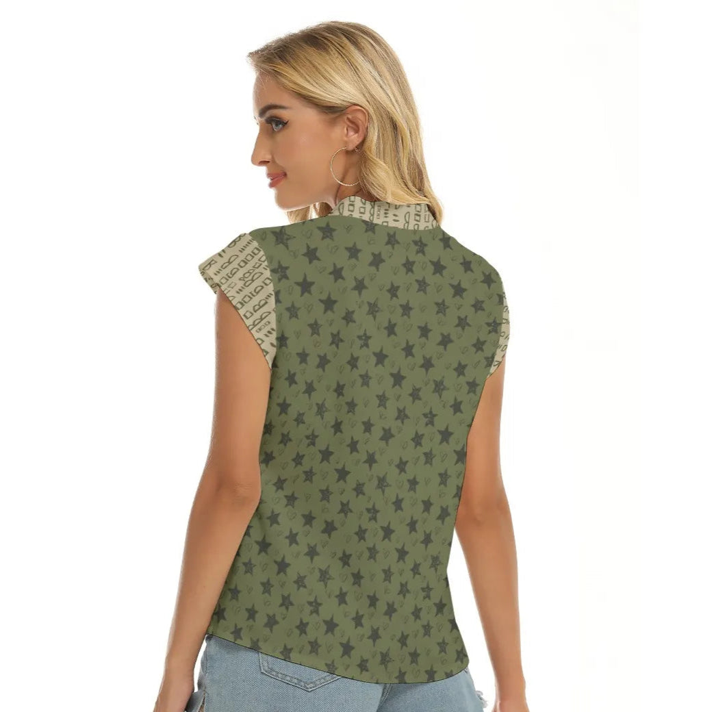 Green and Beige Stacked V-neck Short Sleeve Blouse. Miami Collection