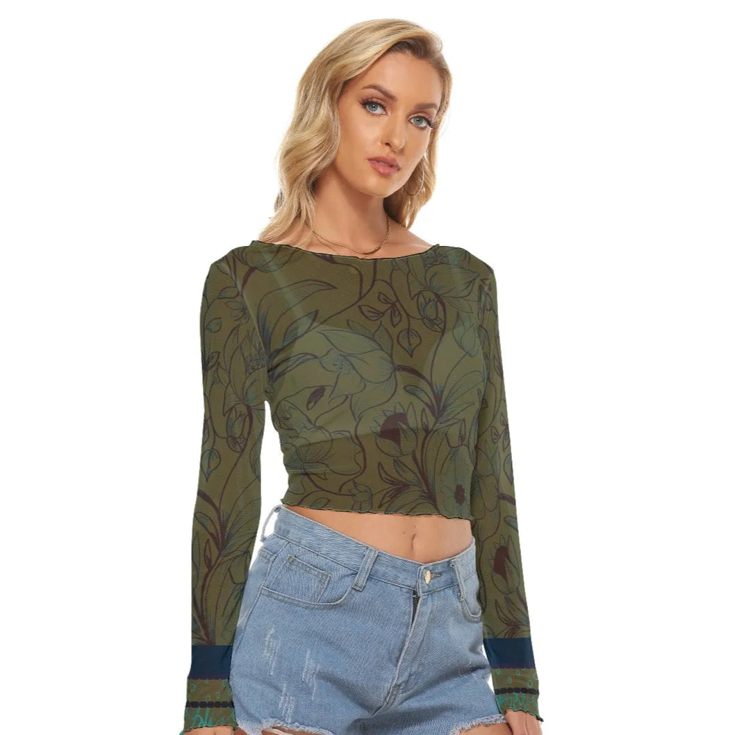 Olive Green with Flowers Mesh Long Sleeves T-shirt. Miami Collection