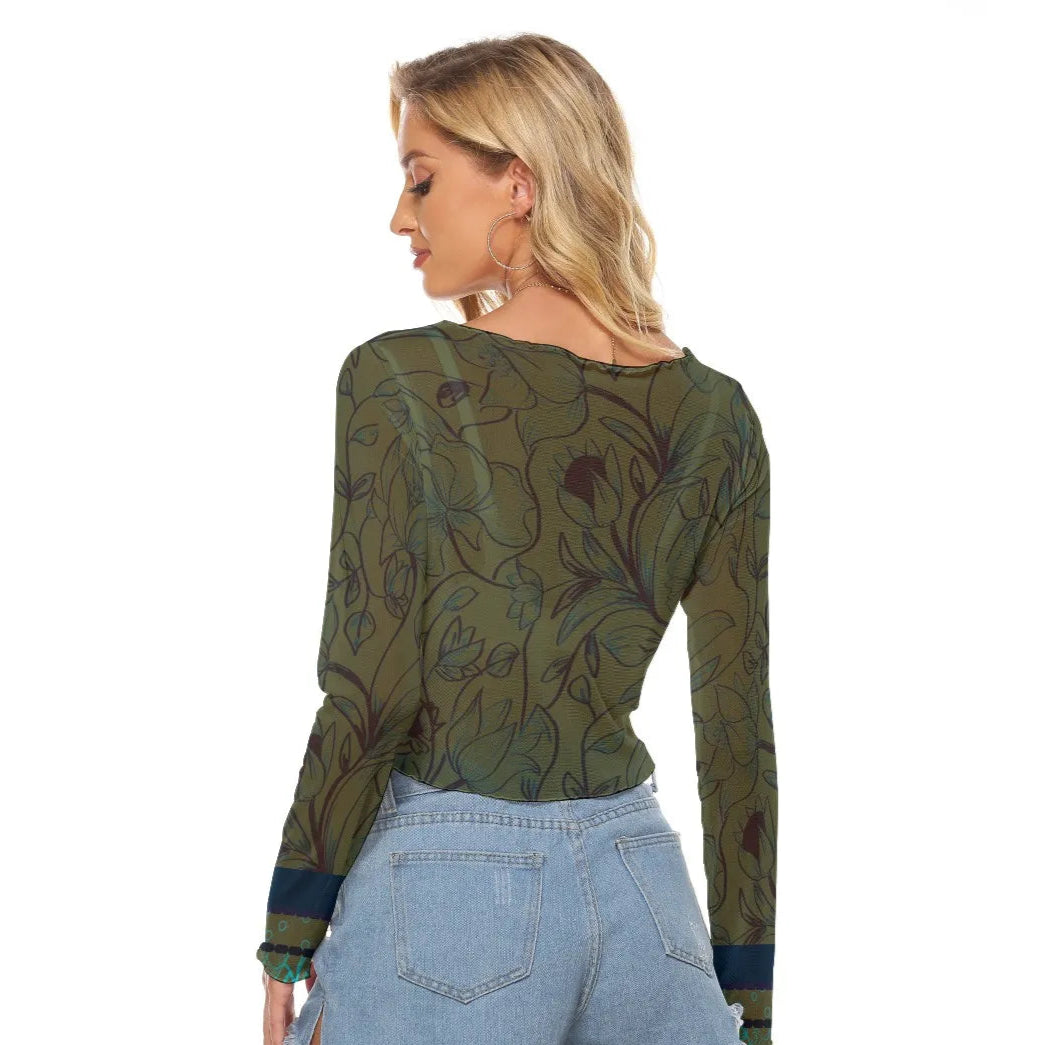 Olive Green with Flowers Mesh Long Sleeves T-shirt. Miami Collection