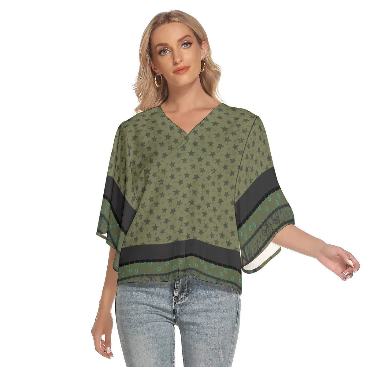 Green and Black Stars Bat Sleeve Light V-neck Front Buttoned Top. Miami Collection