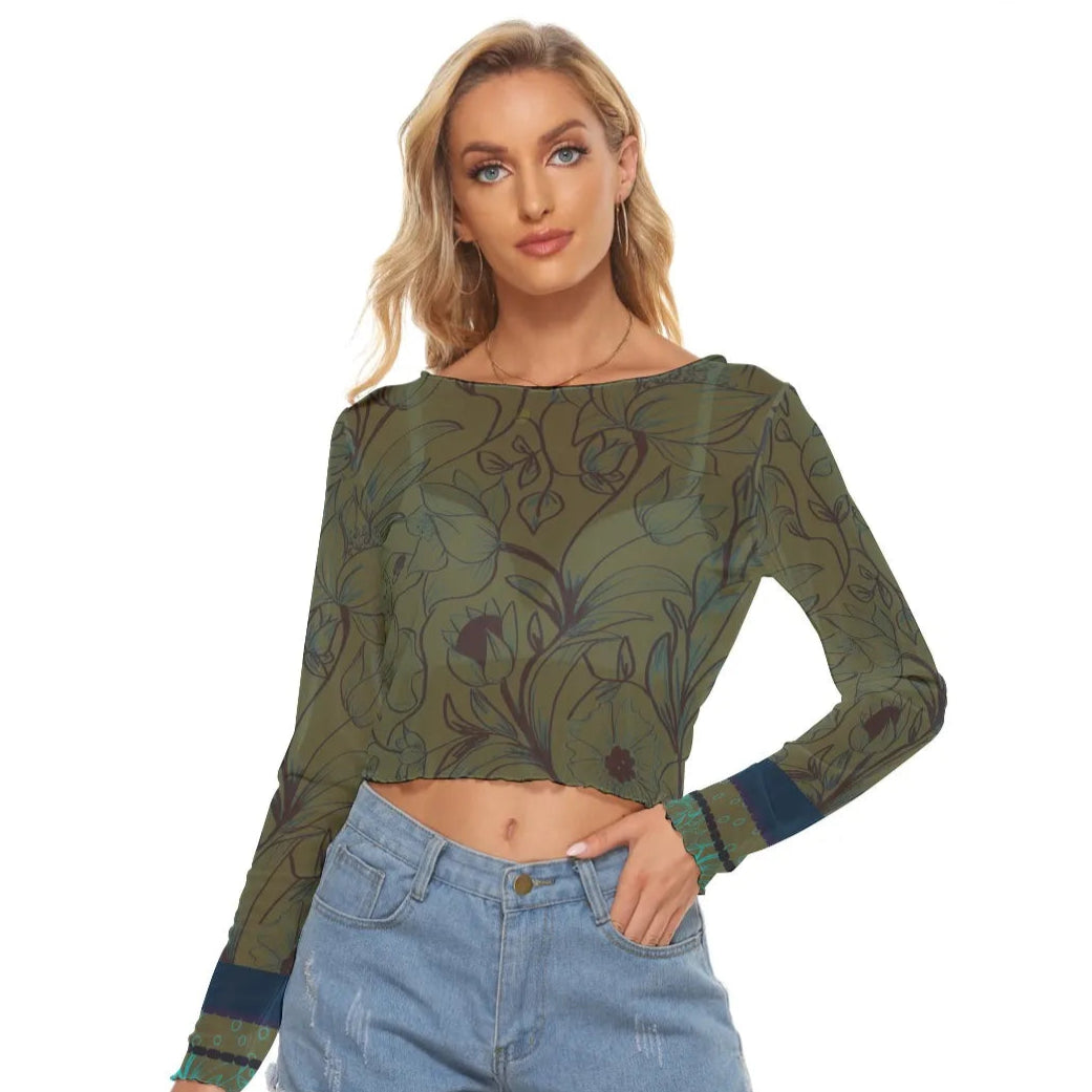 Olive Green with Flowers Mesh Long Sleeves T-shirt. Miami Collection