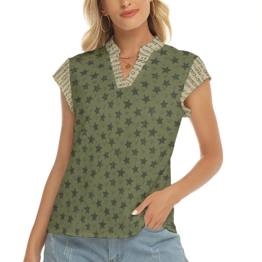 Green and Beige Stacked V-neck Short Sleeve Blouse. Miami Collection