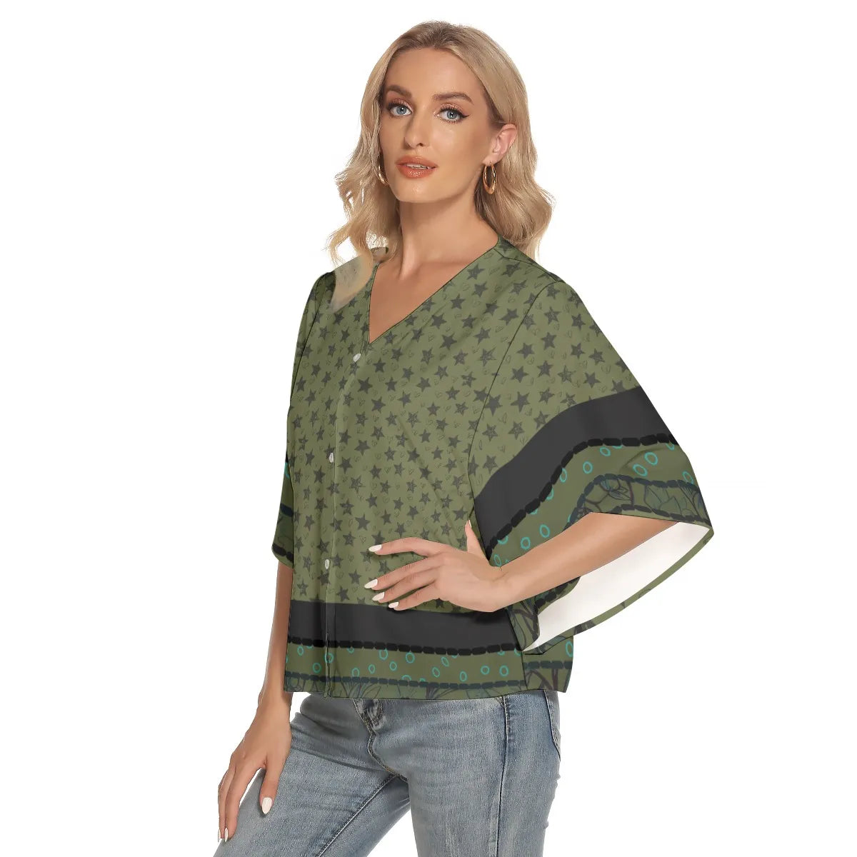 Green and Black Stars Bat Sleeve Light V-neck Front Buttoned Top. Miami Collection