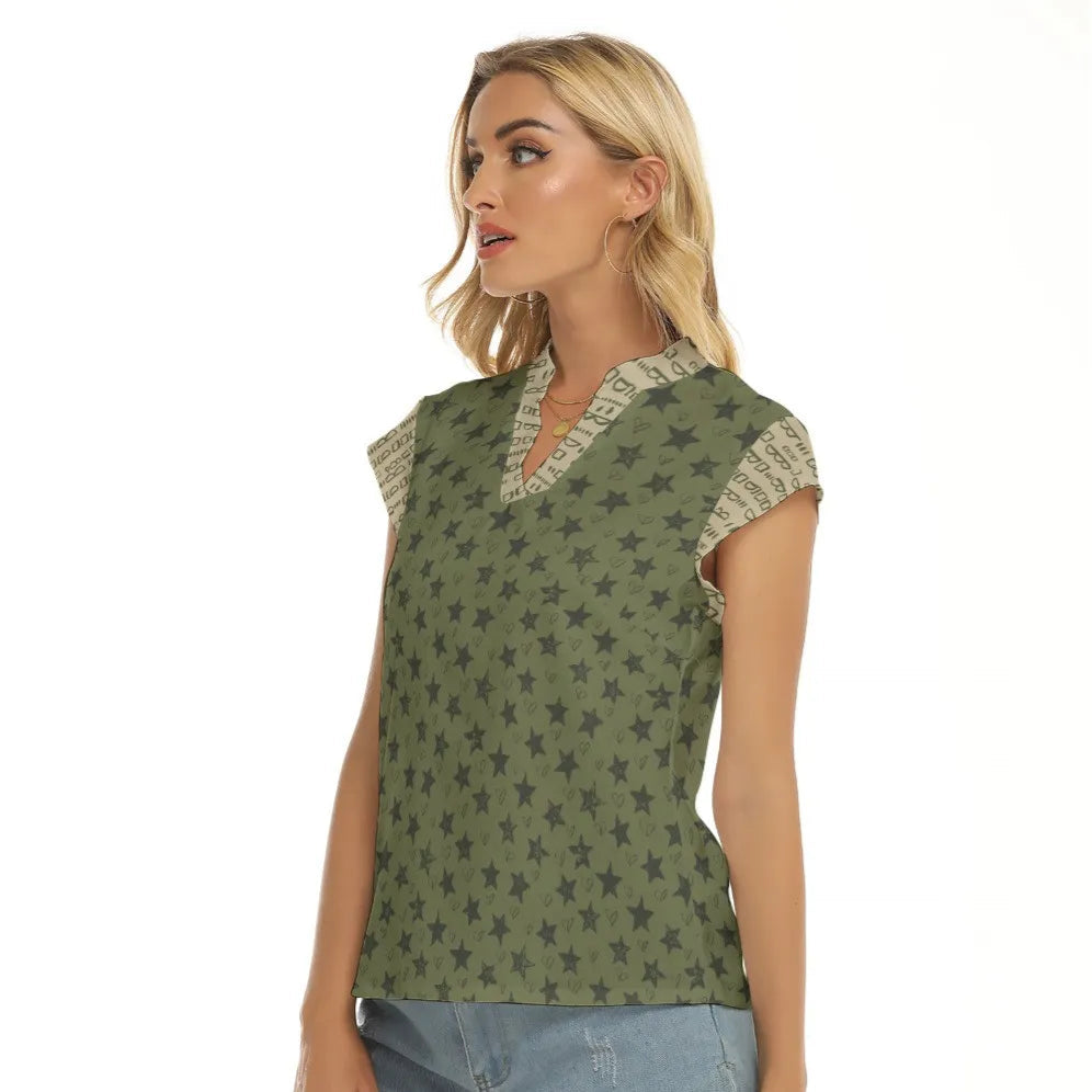 Green and Beige Stacked V-neck Short Sleeve Blouse. Miami Collection