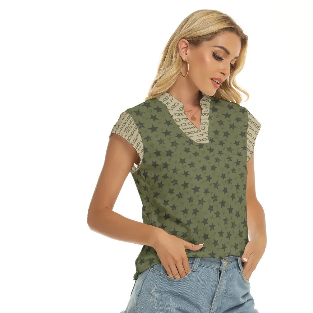 Green and Beige Stacked V-neck Short Sleeve Blouse. Miami Collection