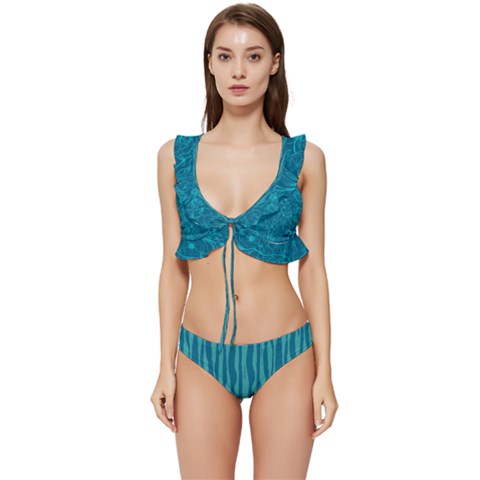 Blue and Celeste Low Cut Ruffle Edge Bikini Swimsuit. Miami Collection