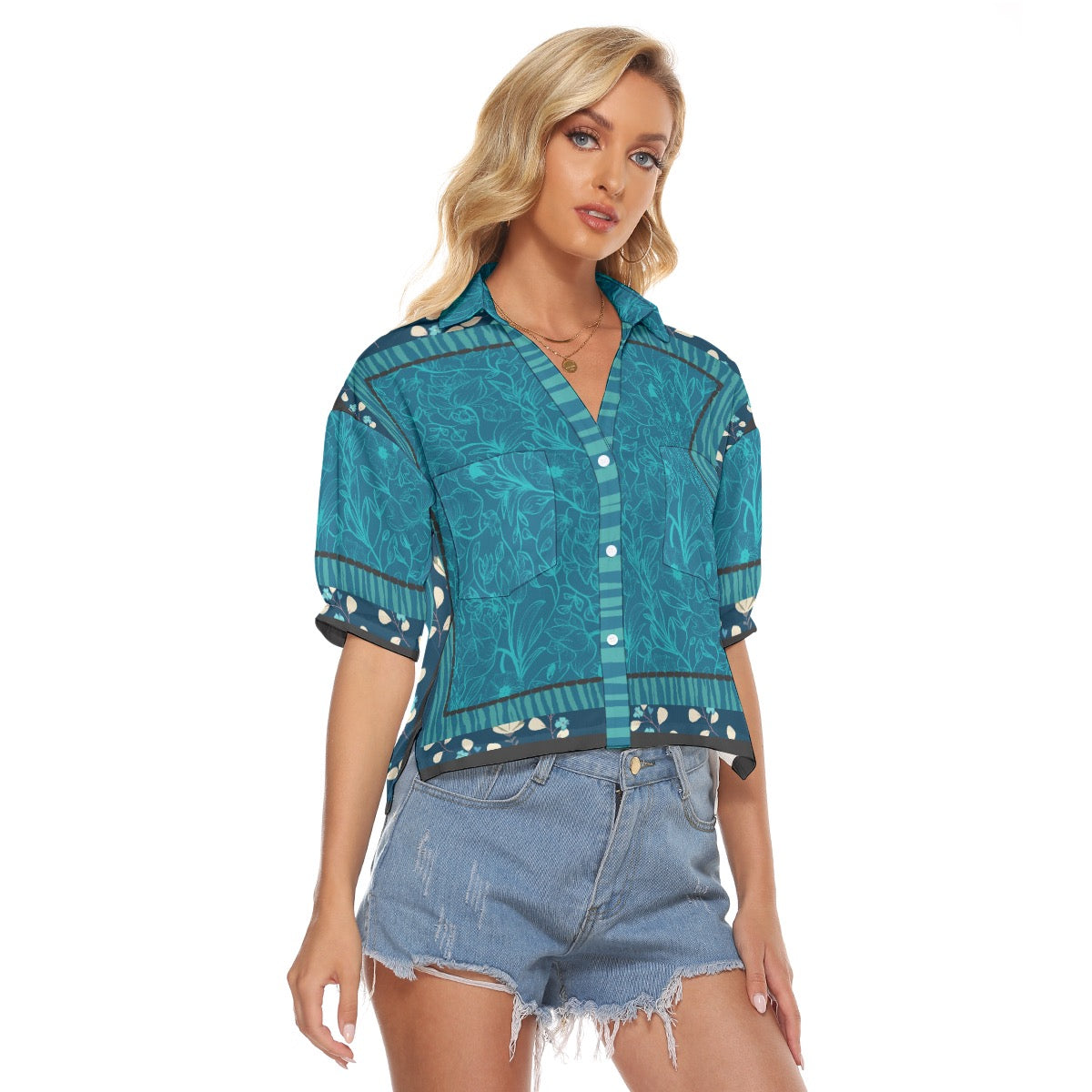 Blue flowers Stacked V-neck Short Sleeve Blouse. Miami Collection