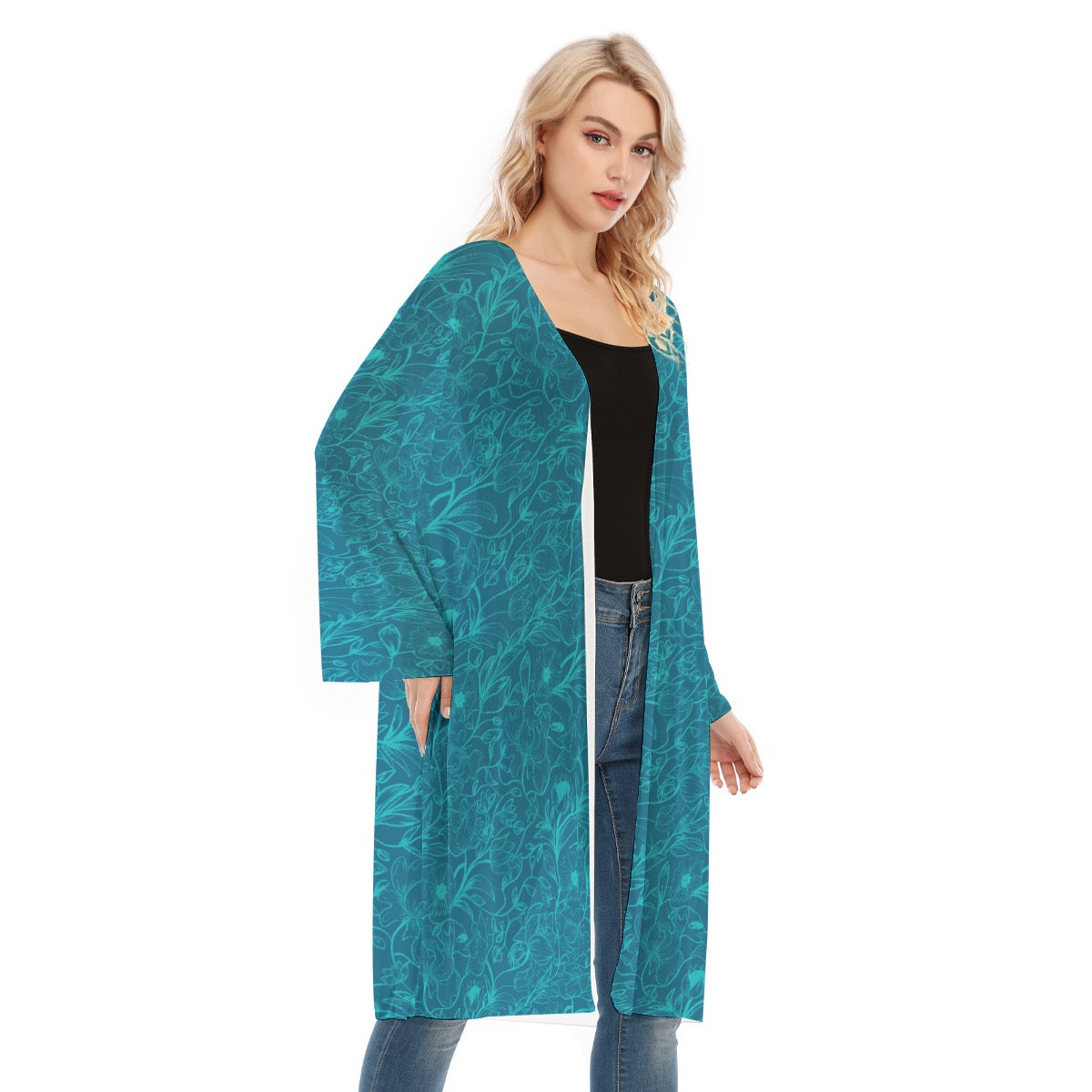 Blue and celeste flowers Long Sleeve Mesh Cardigan. Miami Collection