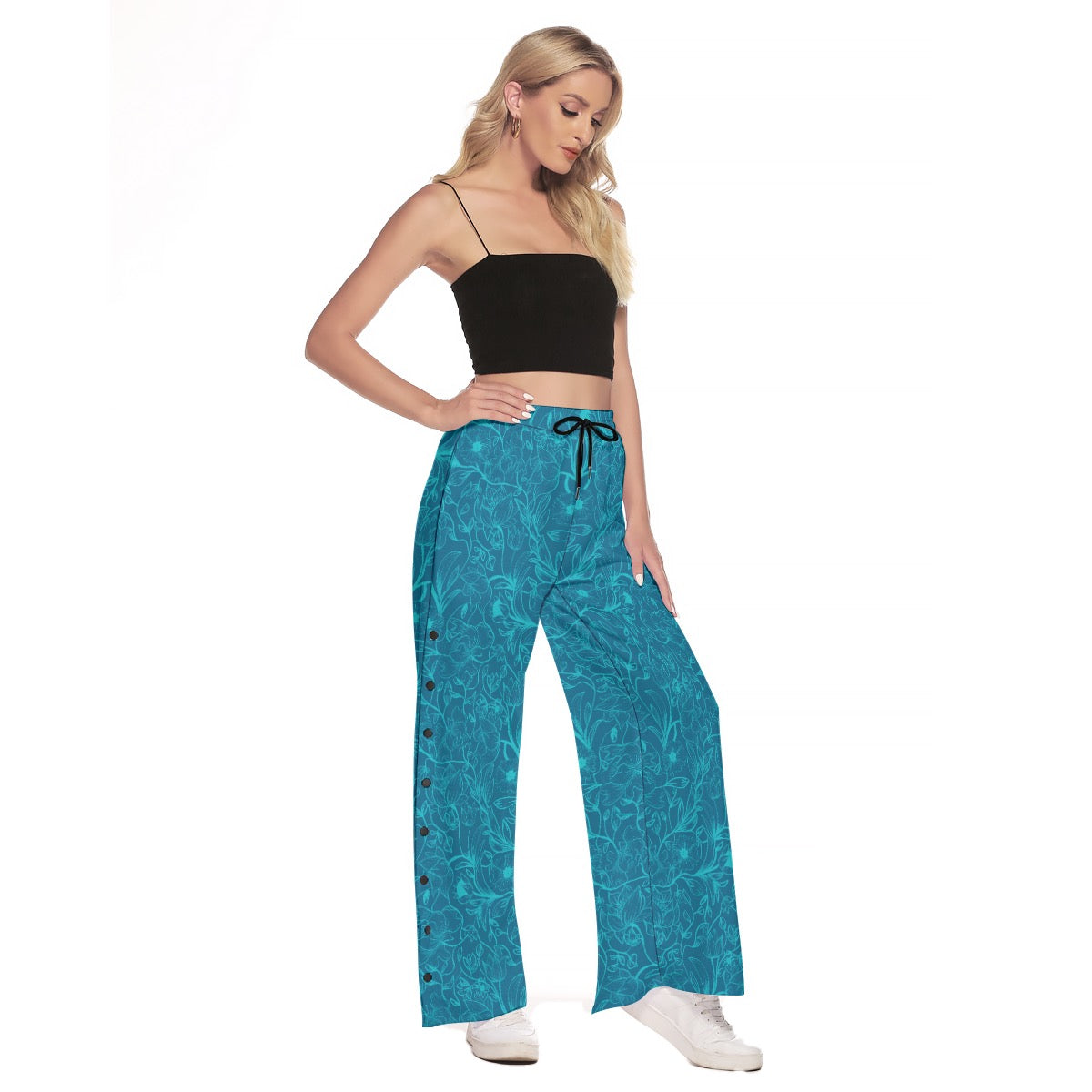 Blue and celeste flowers Side Slit Snap Button Trousers. Miami Collection