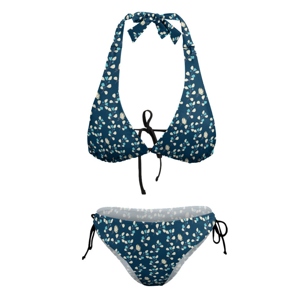 Dark Blue little flowers Halter Bikini Swimwear. Miami Collection