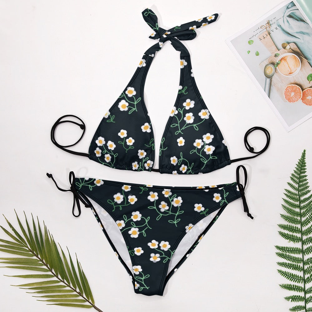 Super Bloom Collection Beige V-Neck Bikini Swimsuit. Bathing suit. Design hand-painted by the Designer Maria Alejandra Echenique