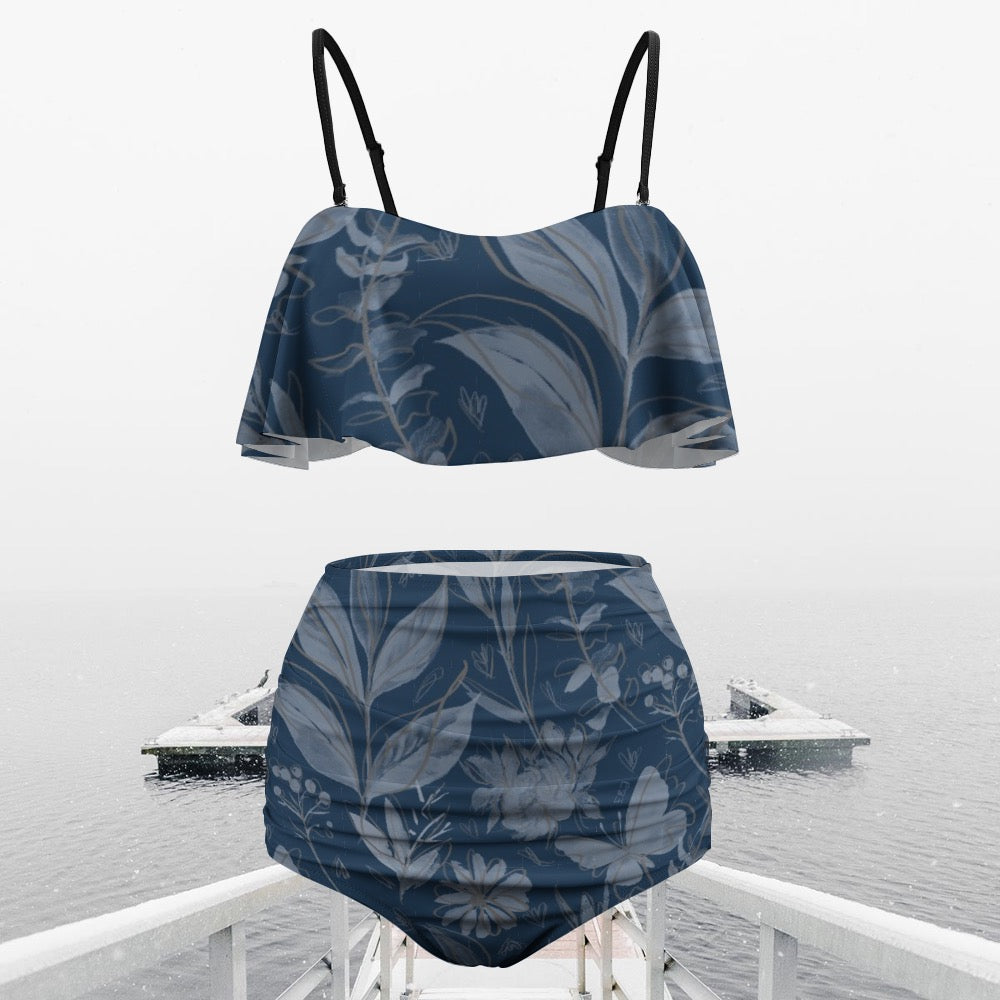 Multicolor Flowers Blue Loose Top Bikini Swimsuit. Design hand-painted by the Designer Maria Alejandra Echenique