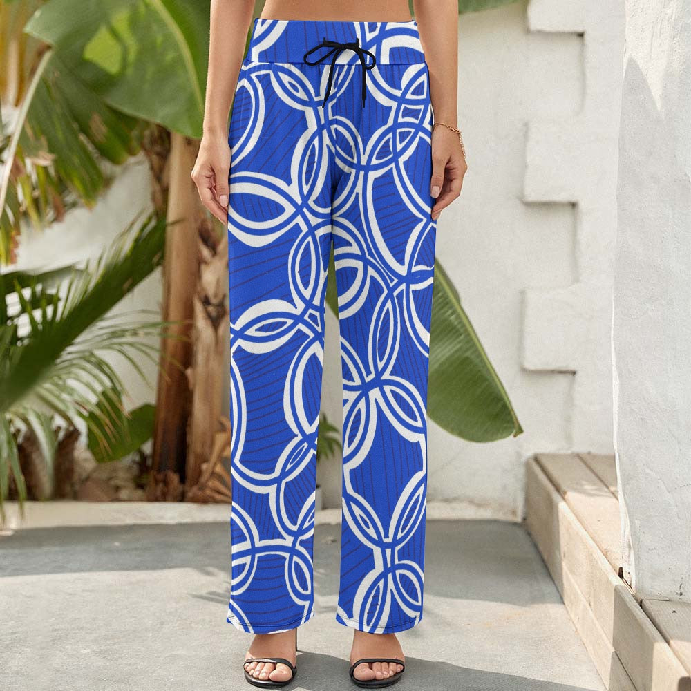 Geometric Blue and White Women's Wide Leg Pants. Design hand-painted by the Designer Maria Alejandra Echenique