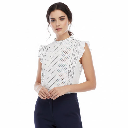 White Luminance Blouse With Ruffle Collar And Sleeve