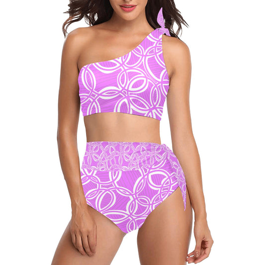 Geometric Pink One Shoulder Bikini Set. Design hand-painted.