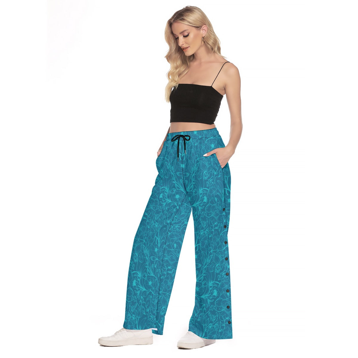 Blue and celeste flowers Side Slit Snap Button Trousers. Miami Collection