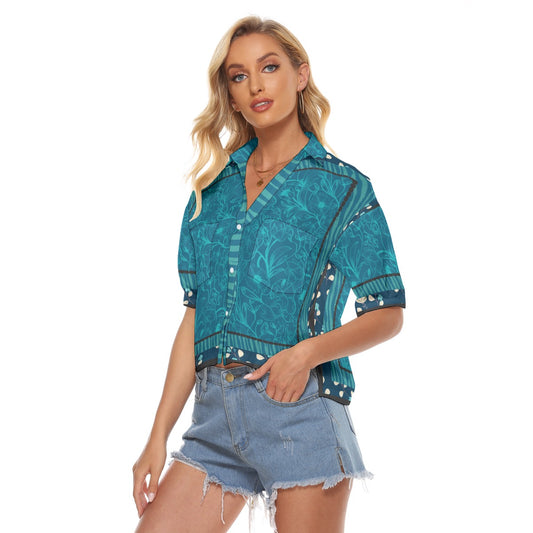 Blue flowers Stacked V-neck Short Sleeve Blouse. Miami Collection