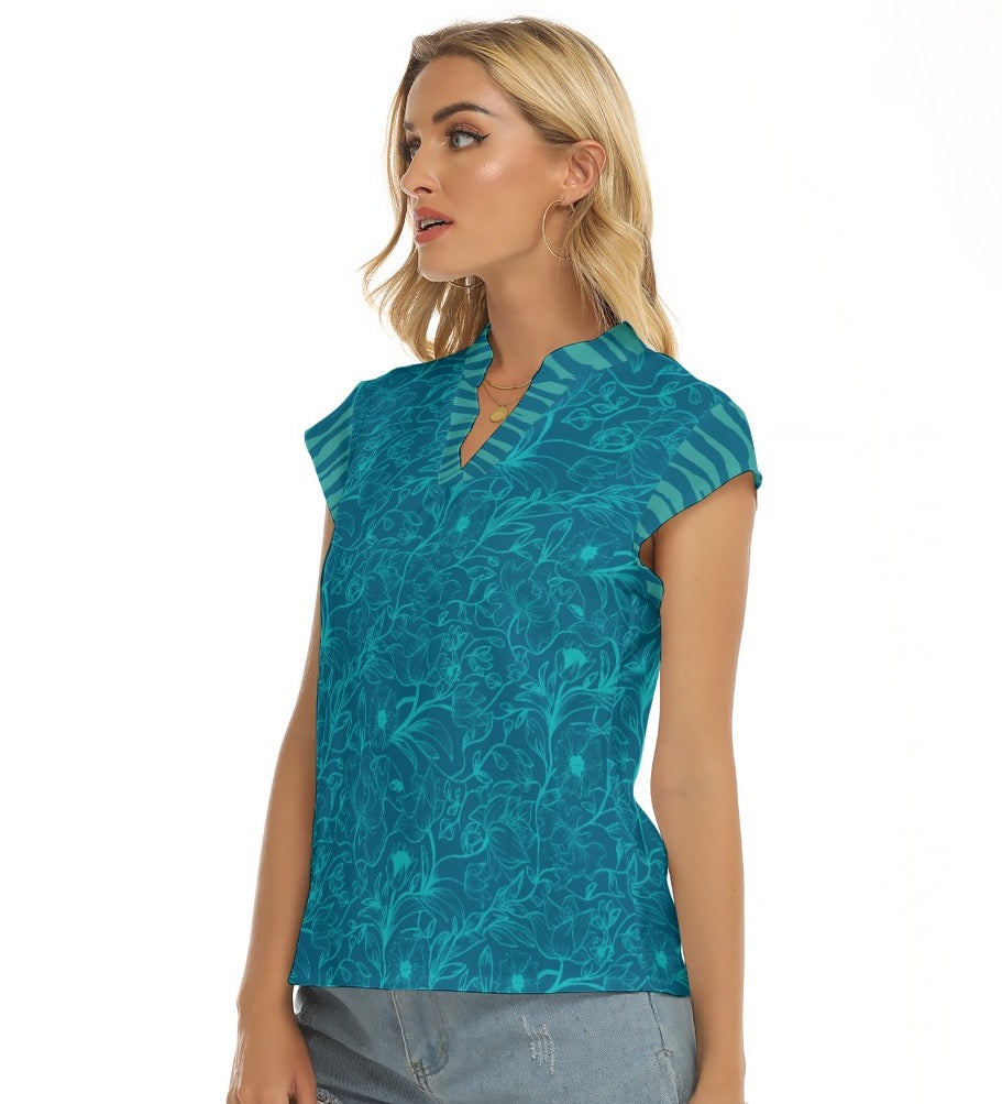 Blue and celeste flowers V-neck Shirts. Miami Collection