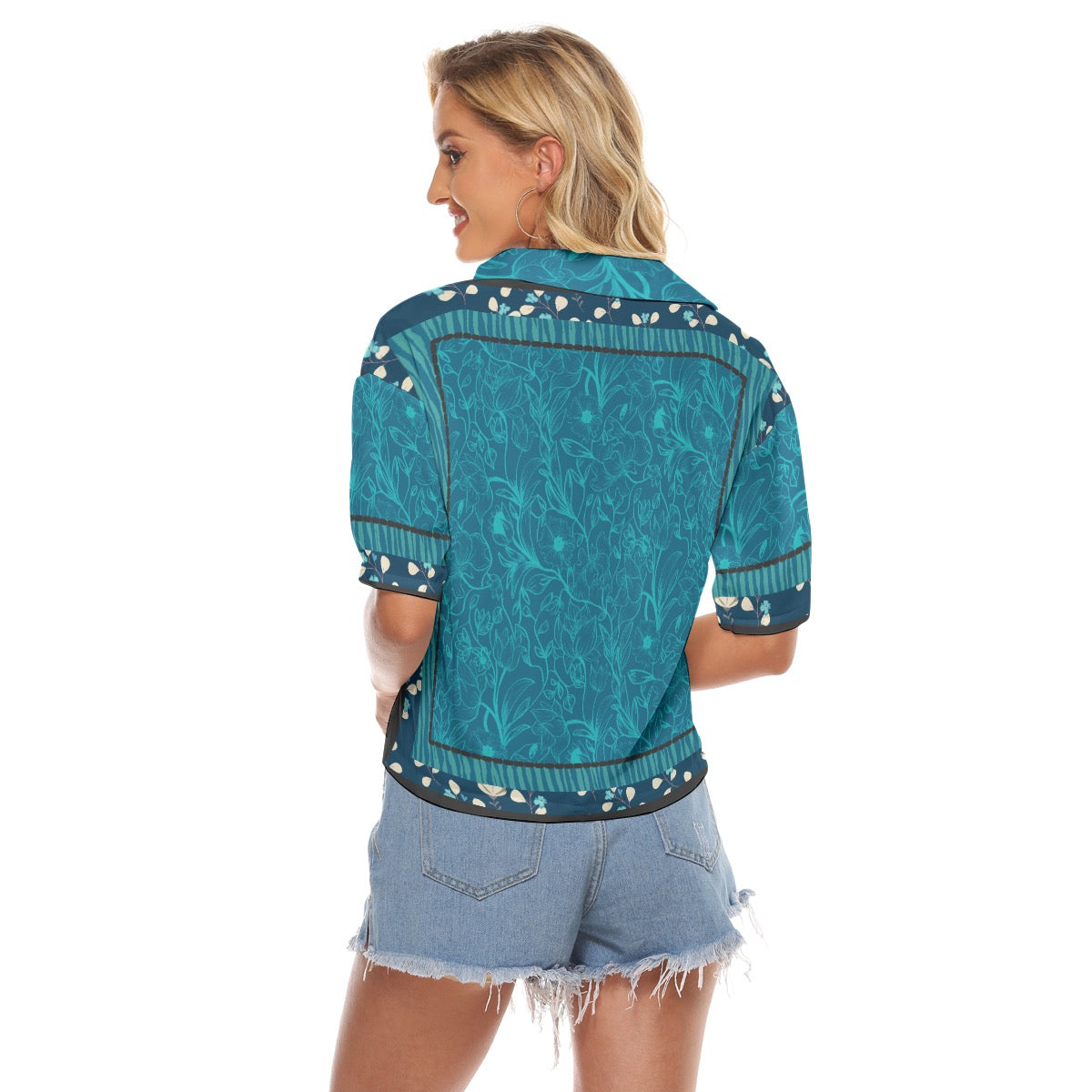 Blue flowers Stacked V-neck Short Sleeve Blouse. Miami Collection