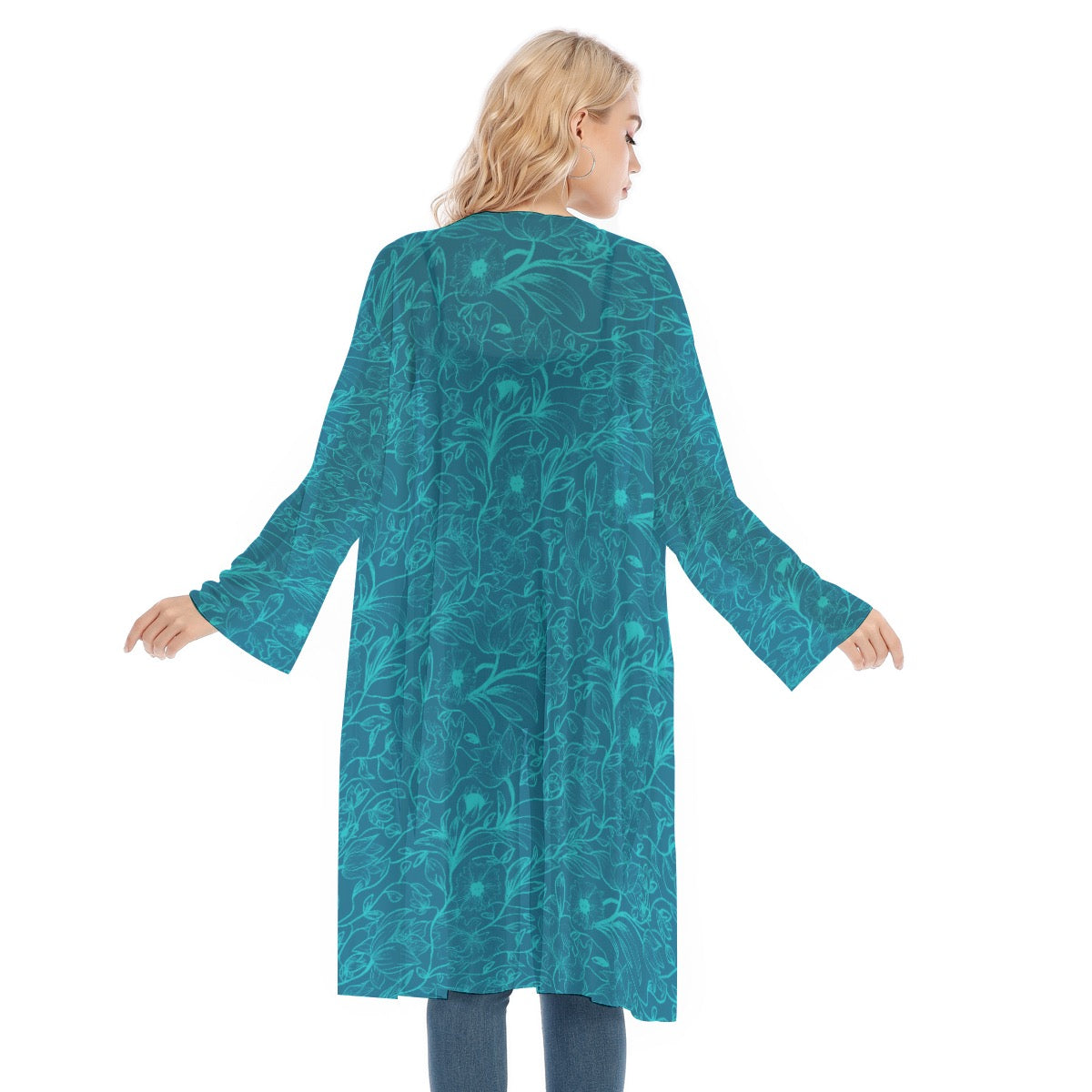 Blue and celeste flowers Long Sleeve Mesh Cardigan. Miami Collection