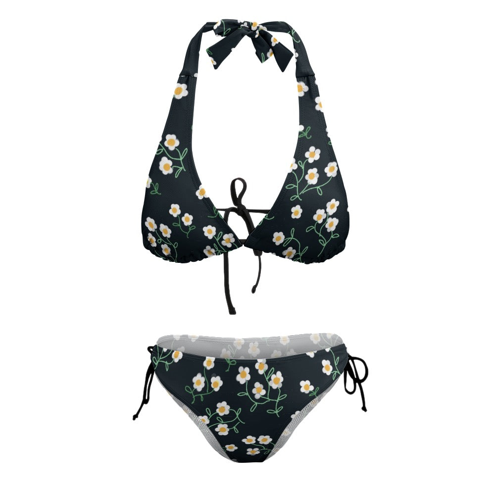 Super Bloom Collection Beige V-Neck Bikini Swimsuit. Bathing suit. Design hand-painted by the Designer Maria Alejandra Echenique
