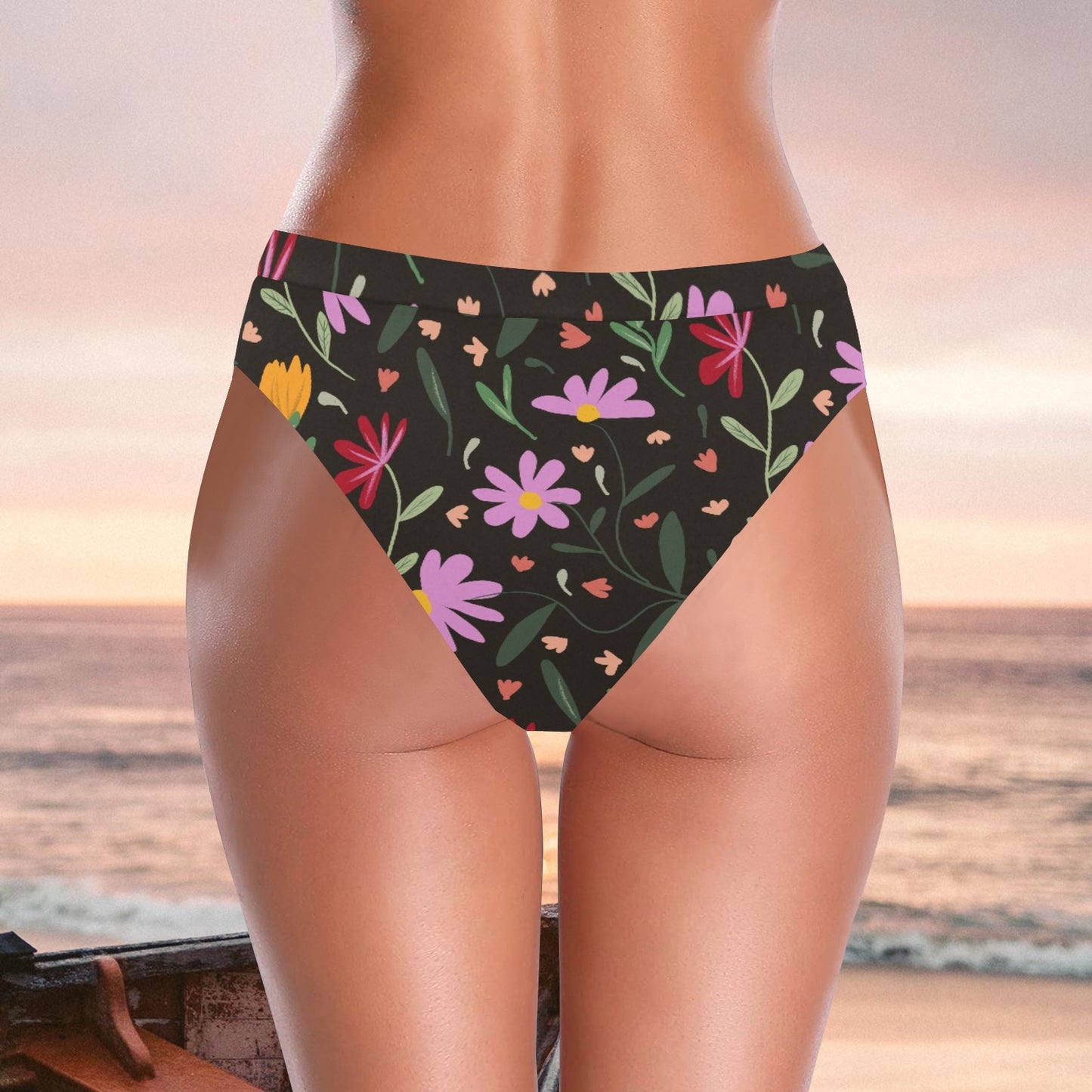 Botanical Flowers High-Waisted High-Cut Bikini Bottom. Pattern hand-painted by the Designer Maria Alejandra Echenique