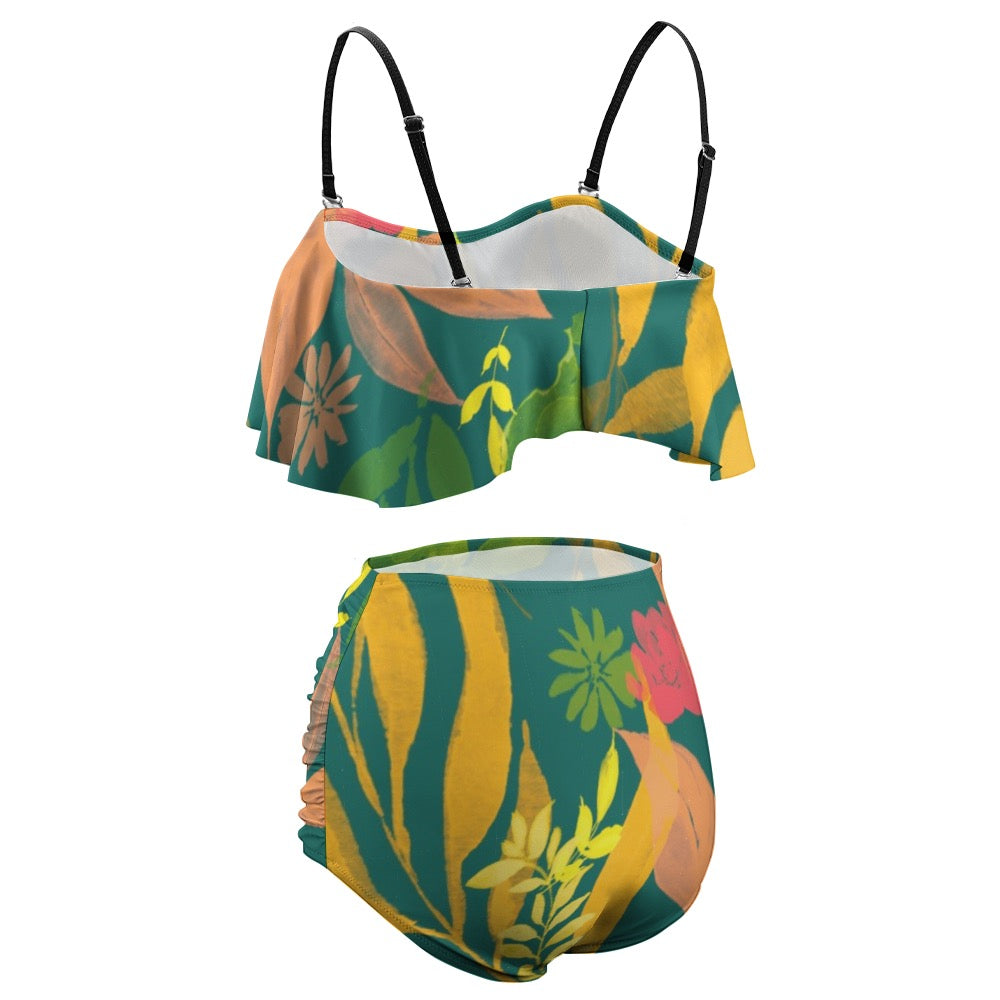 Multicolor Flowers Green Loose Top Bikini Swimsuit. Design hand-painted by the Designer Maria Alejandra Echenique