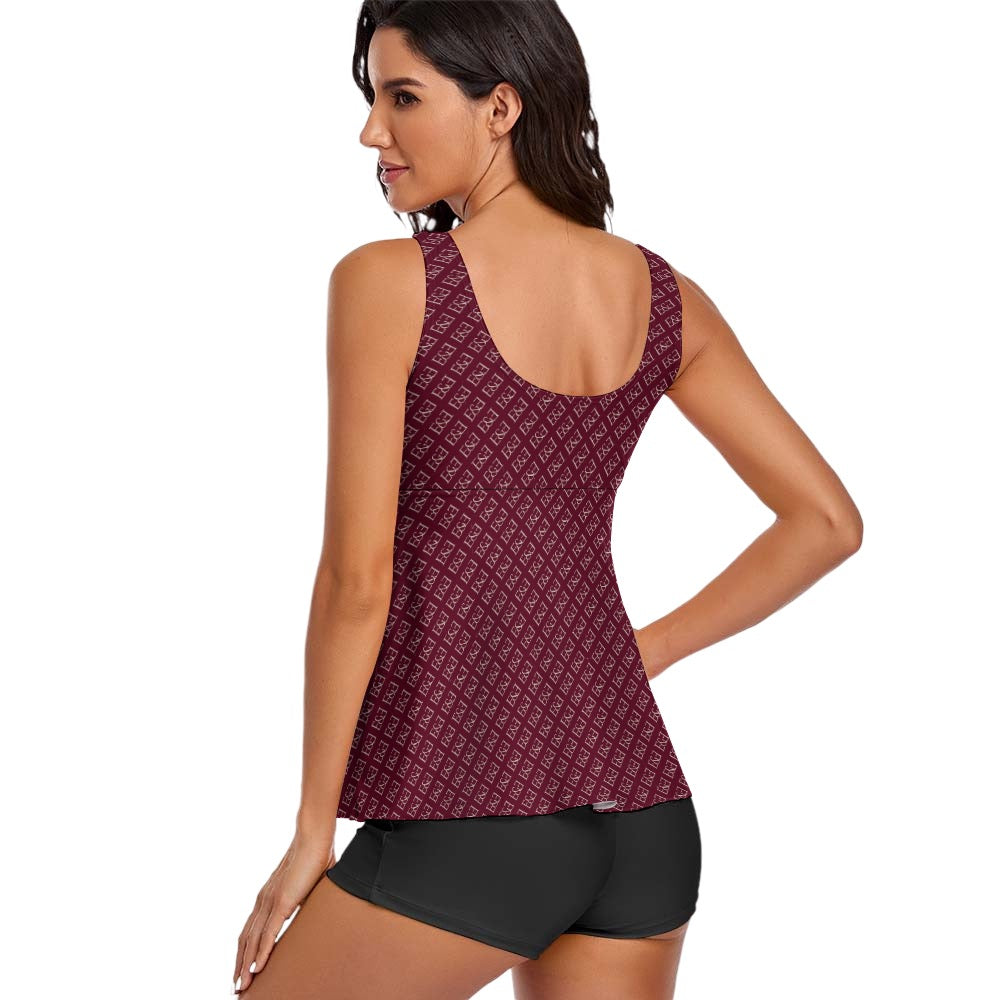 E&E Signature Red-wine Sleeveless Comfortable Split Swimwear. Bathing Suit. Cover-up. Pattern hand-painted by the Designer Maria Alejandra Echenique
