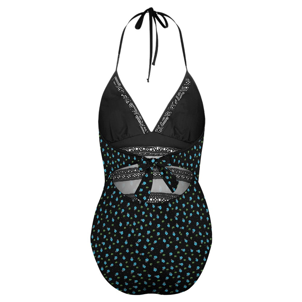 Super Bloom Collection Black One-Piece Bikini Swimwear. Pattern hand-painted by the Designer Maria Alejandra Echenique