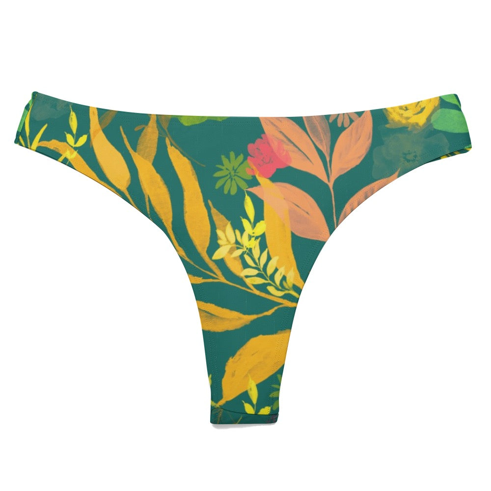 Multicolor Flowers Green Swimwear Thong. Houston collection. Design hand-painted by the Designer Maria Alejandra Echenique