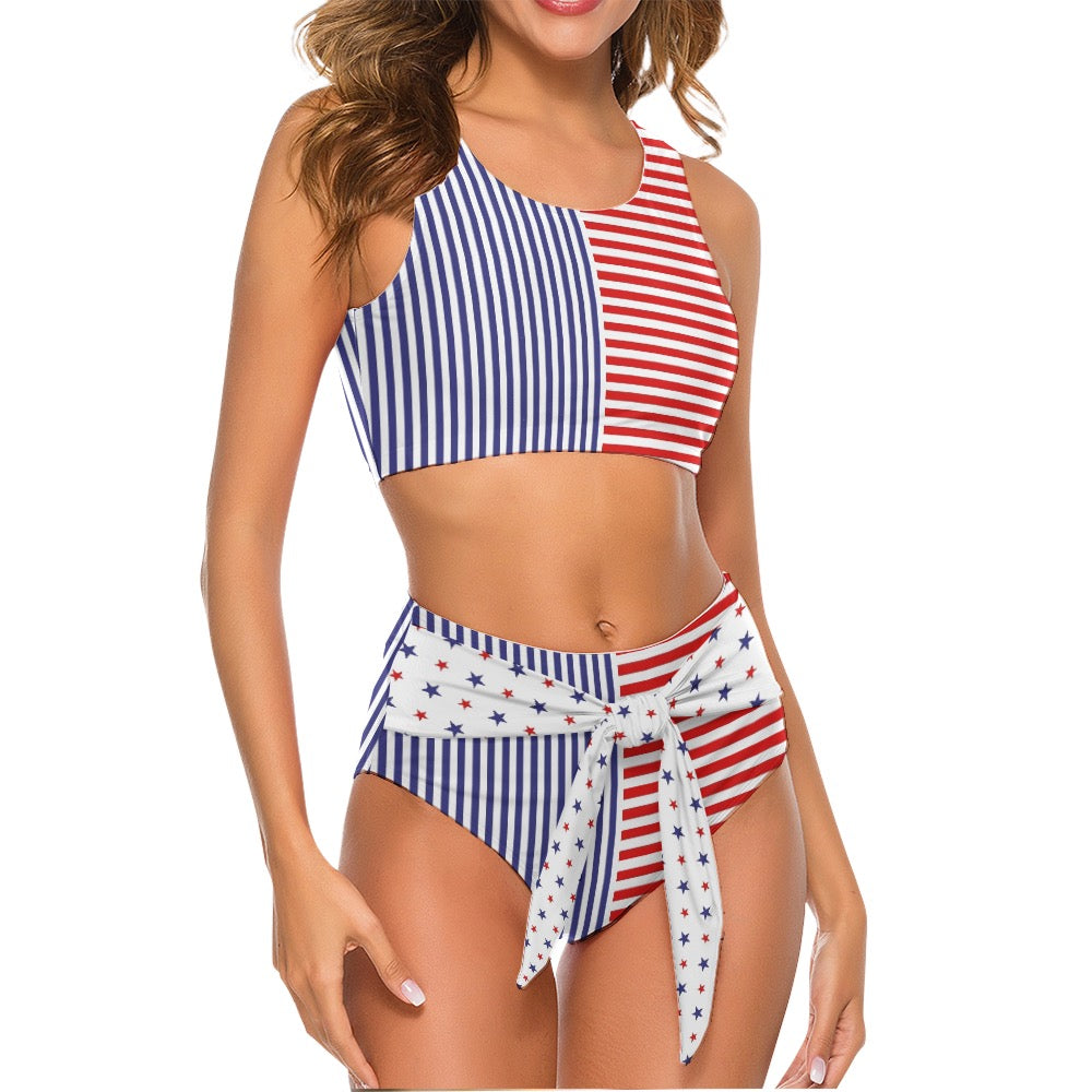 America inspired Cute Striped Bikini Two Piece Swimsuit. Design hand-painted by the Designer Maria Alejandra Echenique