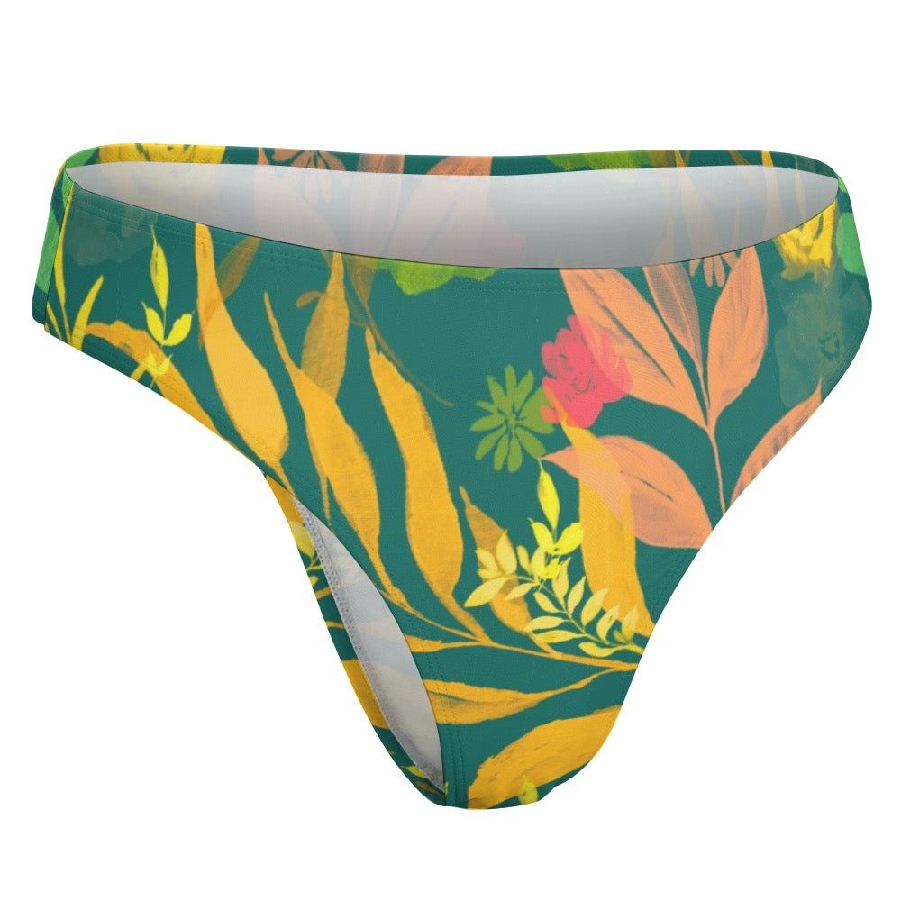 Multicolor Flowers Blue Swimwear Thong. Houston collection. Design hand-painted by the Designer Maria Alejandra Echenique