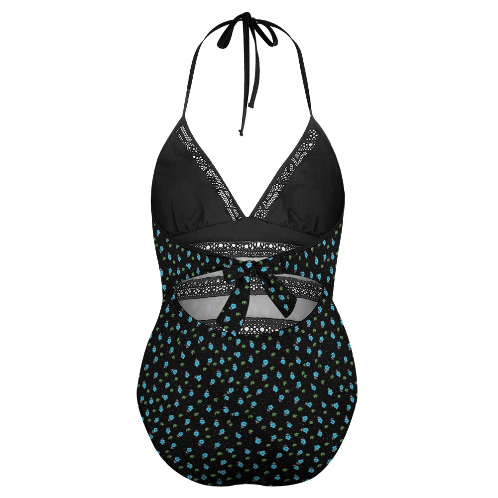 Super Bloom Collection Black Plus size One-piece bikini swimsuit. Pattern hand-painted by the Designer Maria Alejandra Echenique