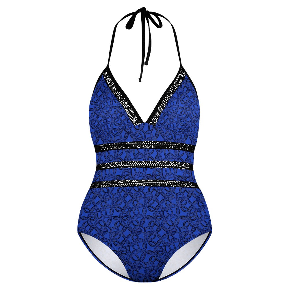 Geometric Dark Blue Plus size One-piece bikini swimsuit. Pattern hand-painted by the Designer Maria Alejandra Echenique