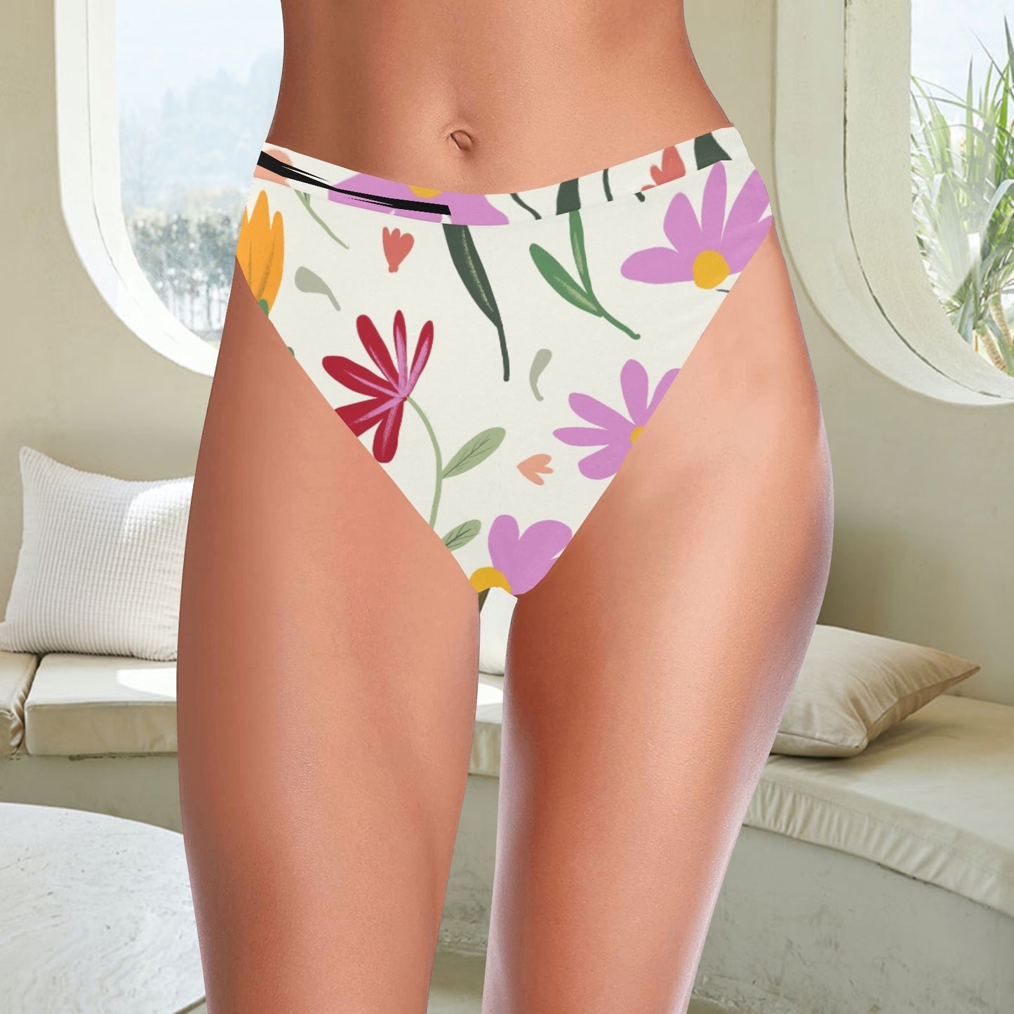 Botanical Flowers High-Waisted High-Cut Bikini Bottom. Pattern hand-painted by the Designer Maria Alejandra Echenique