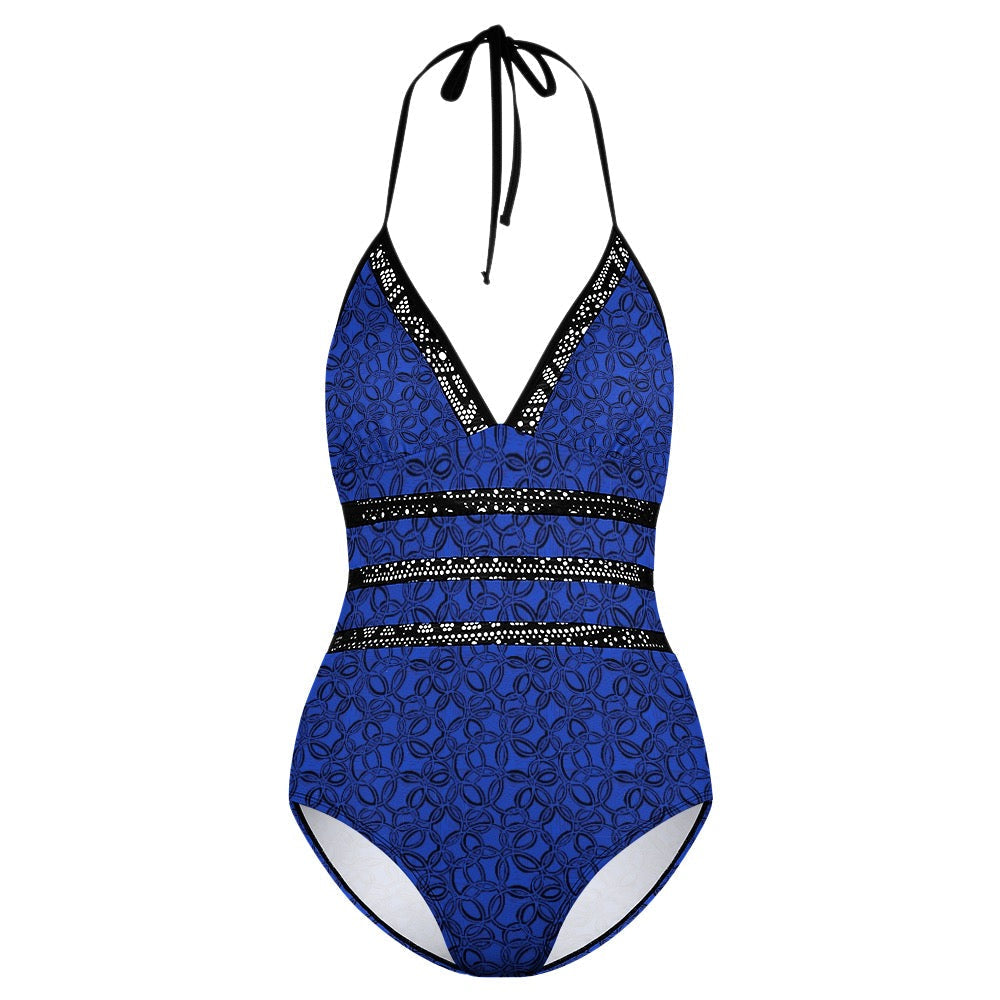 Little Blue Flowers One-piece Bikini Swimwear. Pattern hand-painted by the Designer Maria Alejandra Echenique