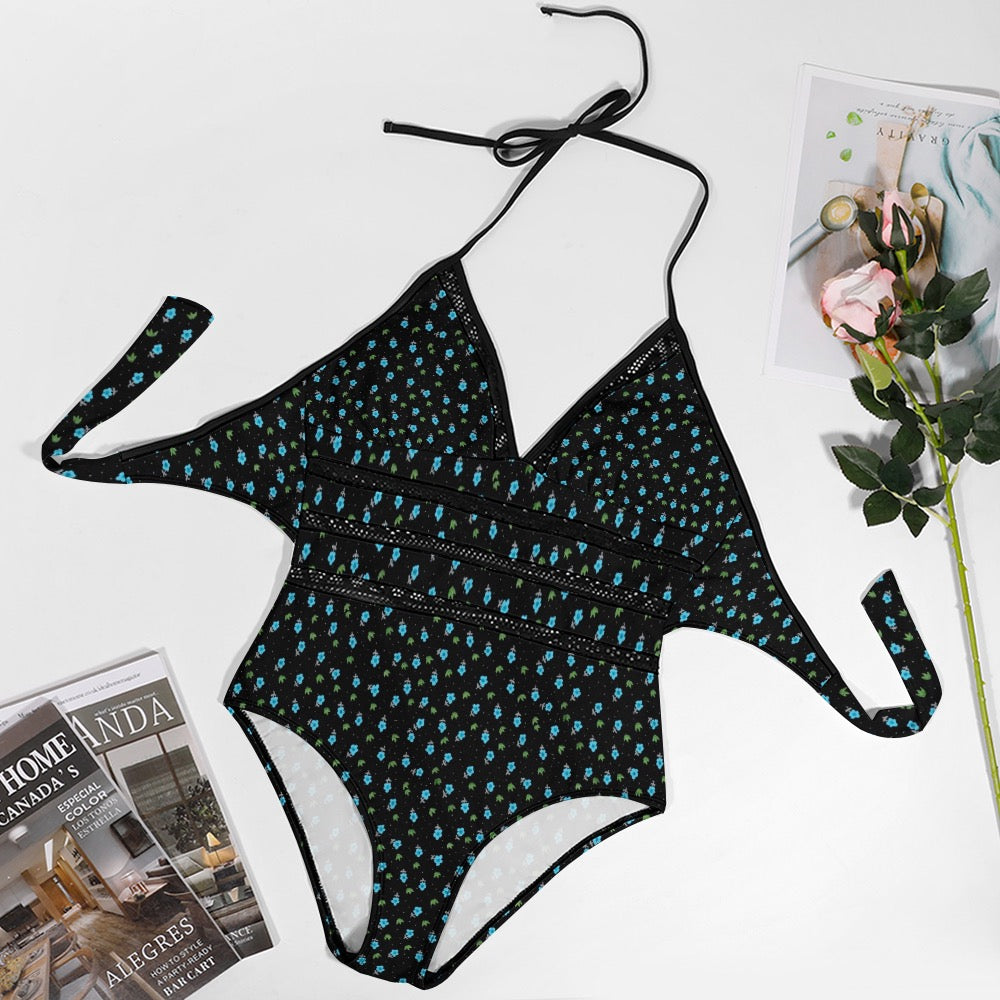 Geometric Dark Blue Plus size One-piece bikini swimsuit. Pattern hand-painted.