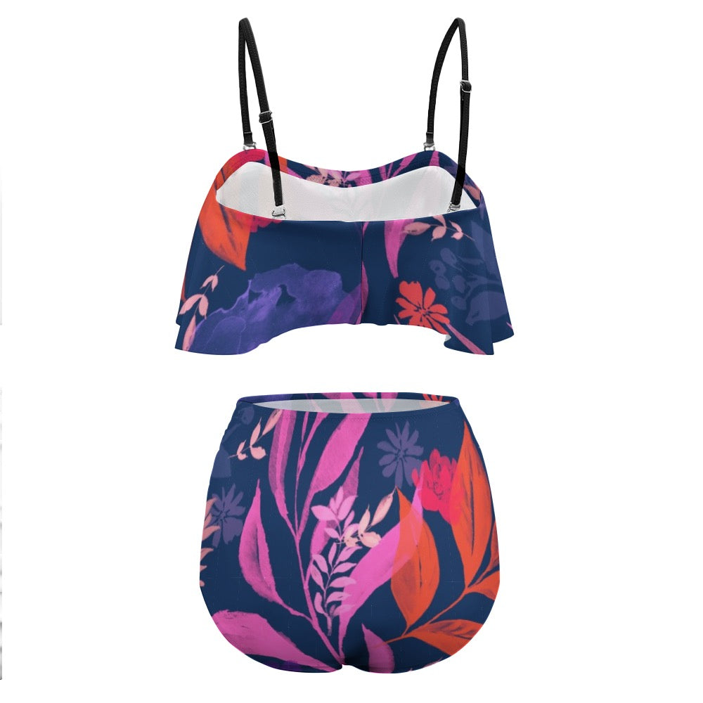 Multicolor Flowers Blue Loose Top Bikini Swimsuit. Design hand-painted by the Designer Maria Alejandra Echenique