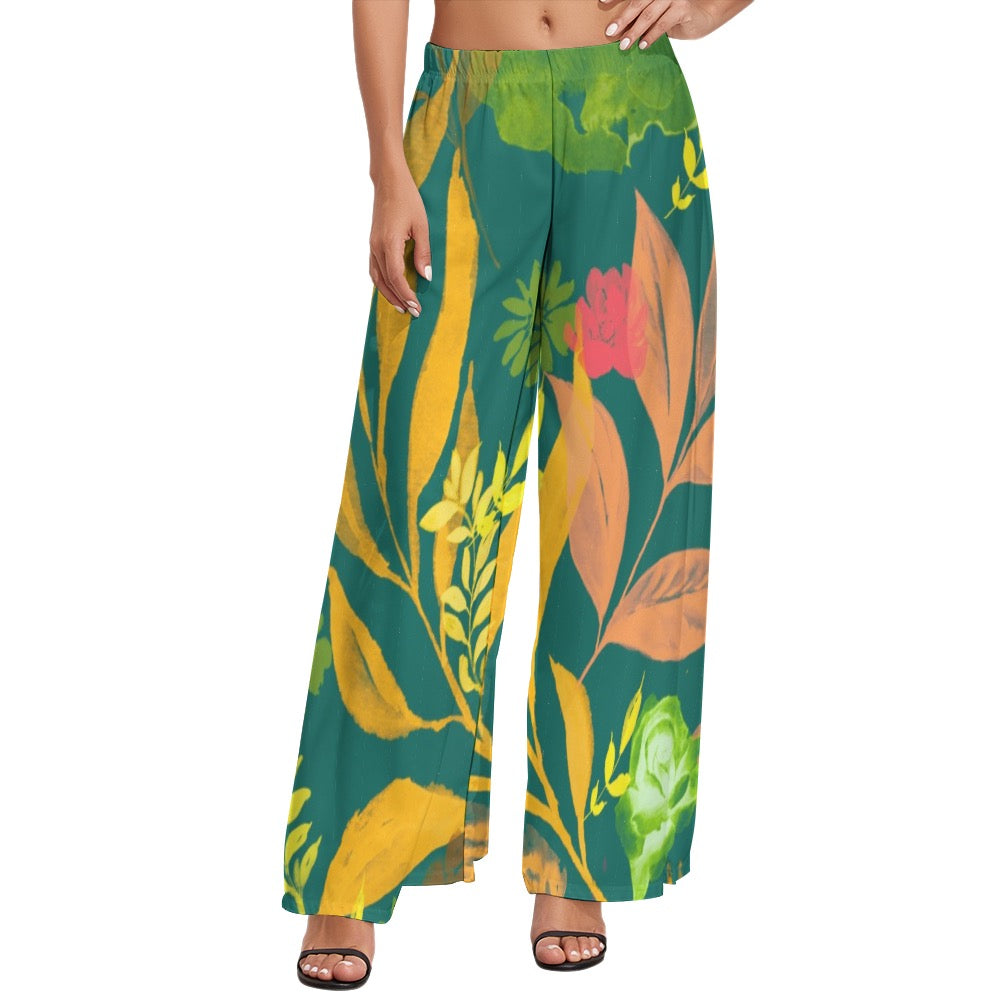 Multicolor Flowers Green Women's Wide Leg Pants. Houston collection. Design hand-painted by the Designer Maria Alejandra Echenique