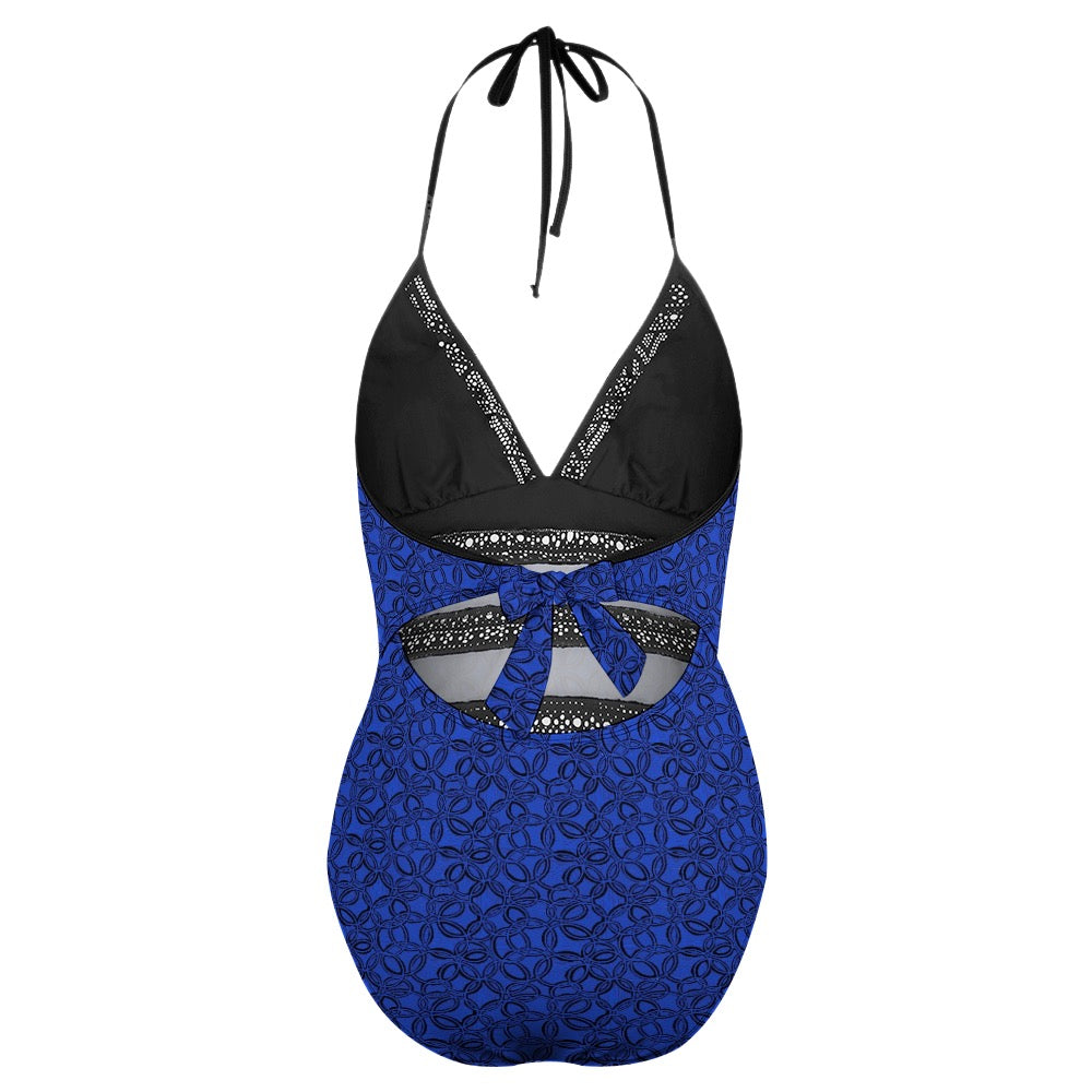Little Blue Flowers One-piece Bikini Swimwear. Pattern hand-painted by the Designer Maria Alejandra Echenique