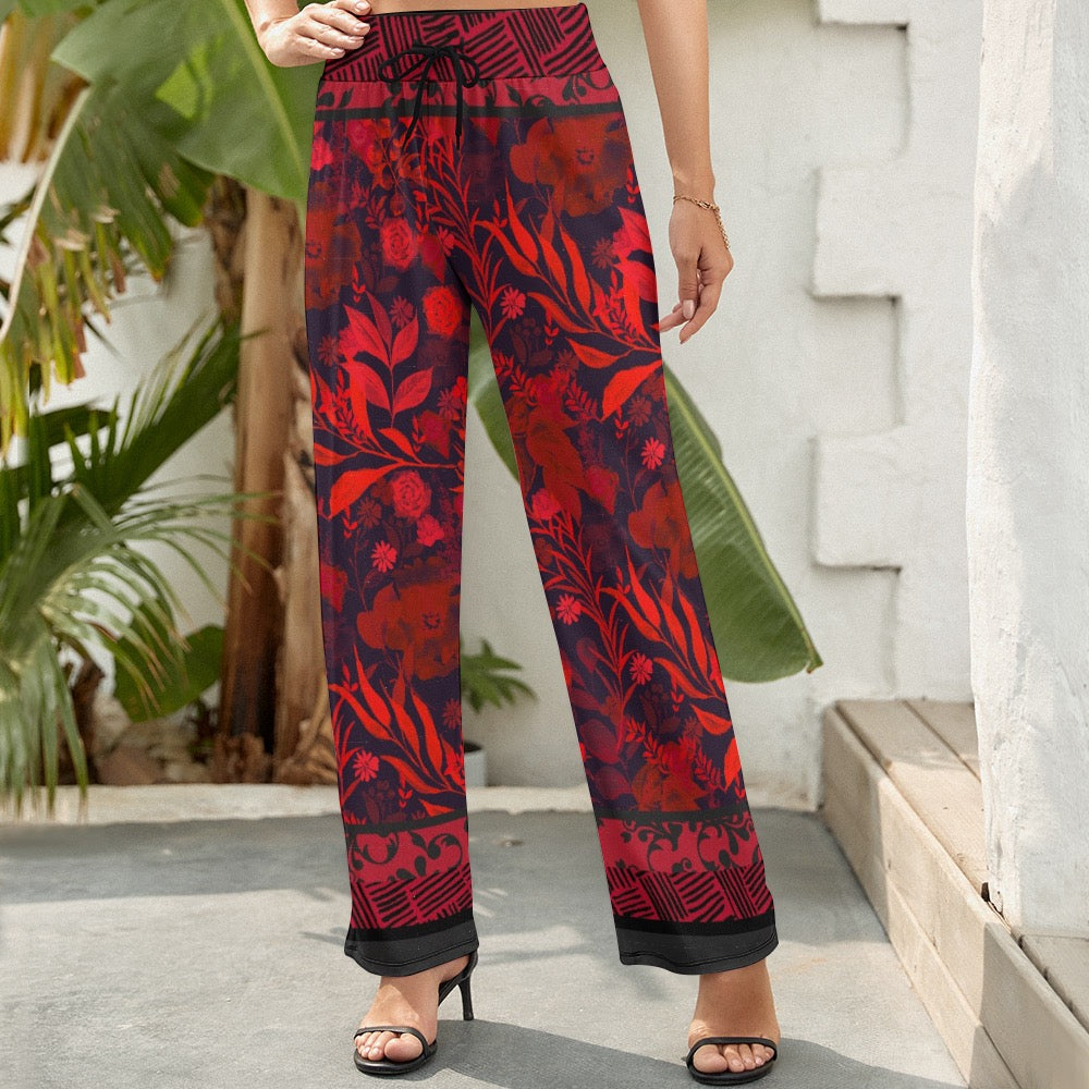 Caracas Collection Red Women's Wide Leg Pants. Design hand-painted by the Designer Maria Alejandra Echenique and digitally printed in each garment/accessory.