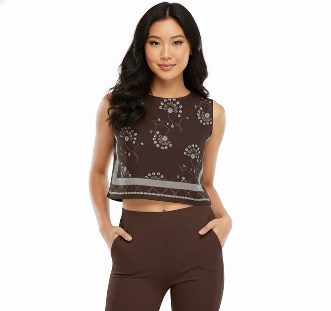 Wine and beige Sleeveless Crop Top Luminance