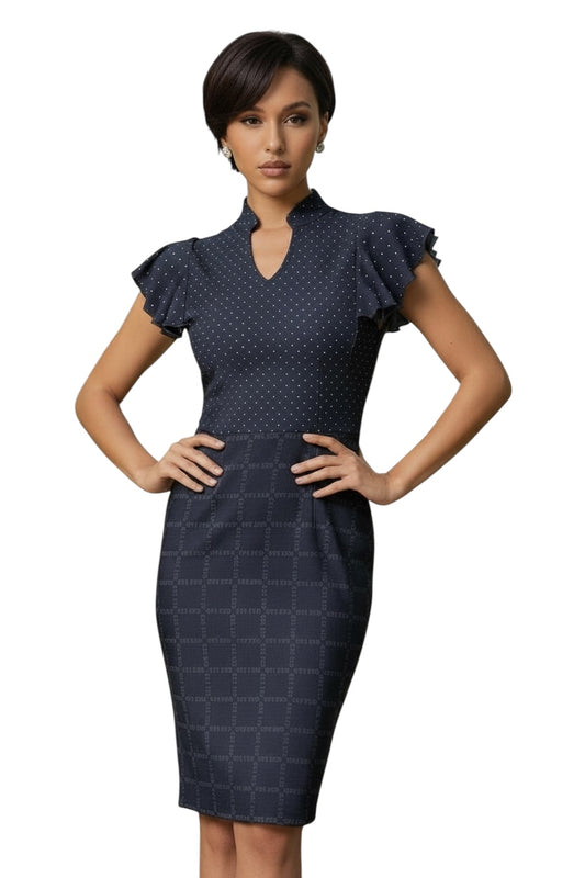 Dark Blue Luminance Vintage Frill Sleeve V-Neck Dress