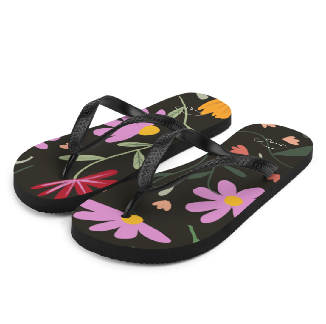 Botanical Black Women's Flip Flops. Pattern hand-painted by the Designer Maria Alejandra Echenique