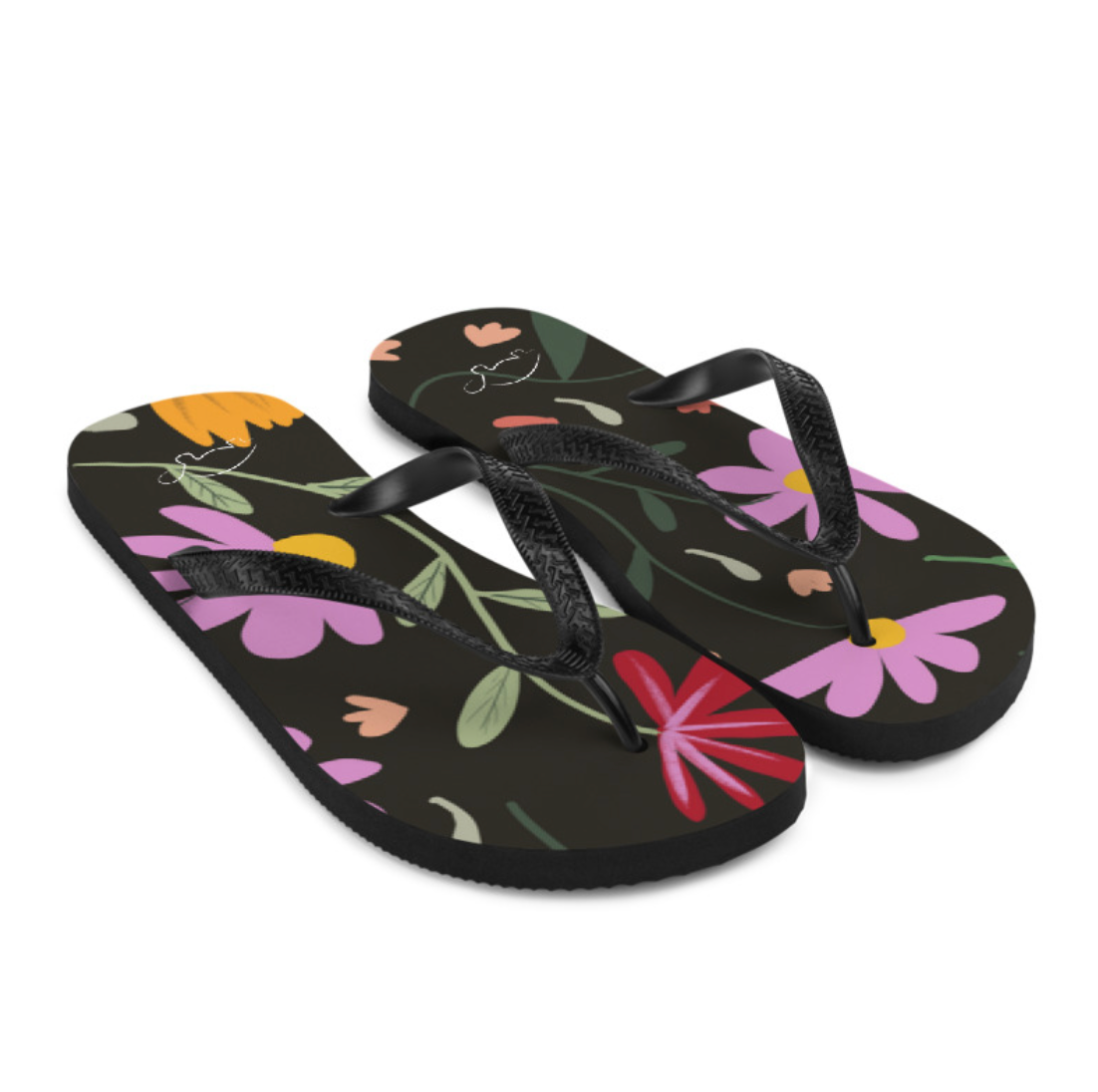 Botanical Black Women's Flip Flops. Pattern hand-painted by the Designer Maria Alejandra Echenique